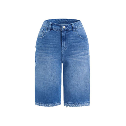 Women's Ripped Raw-Edge Denim Shorts - Blue, S-2XL
