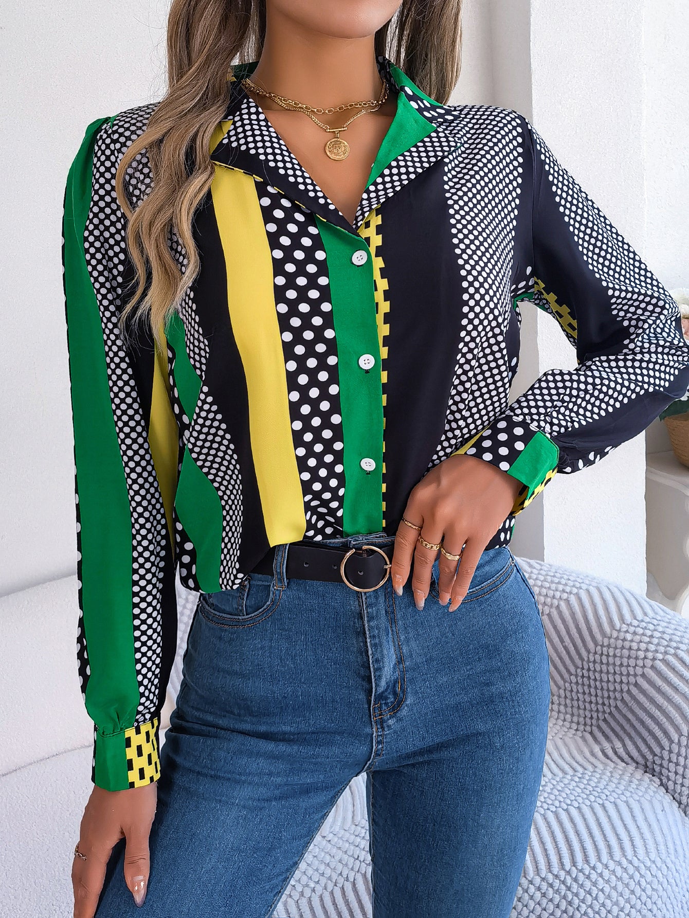 Women's Elegant Colour Block Long-Sleeve Shirt