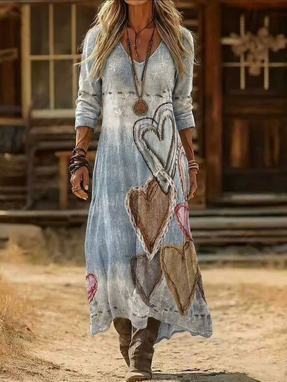 Women's 3D Print V-Neck Long Sleeve A-Line Dress