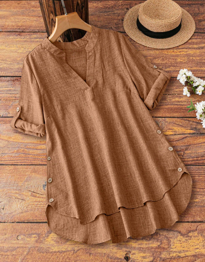 Women's V-Neck Button-Down Loose Shirt | Casual Polyester Pullover Blouse