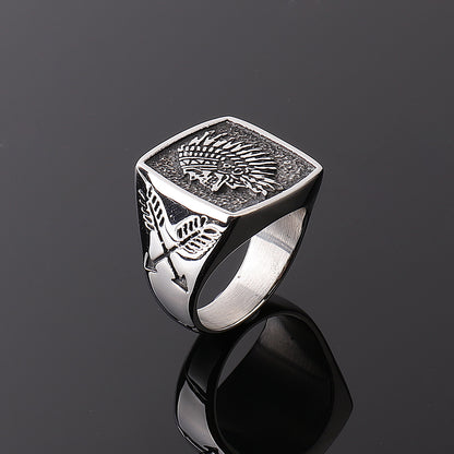 Men's Titanium Steel Indian Totem Ring – Polished Vintage Retro Geometric Band