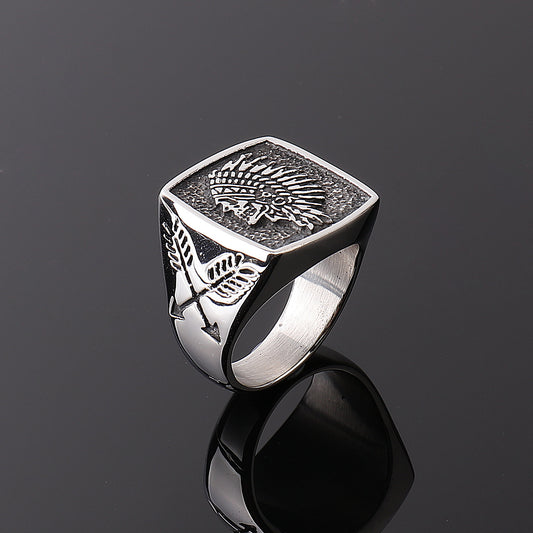 Men's Titanium Steel Indian Totem Ring – Polished Vintage Retro Geometric Band