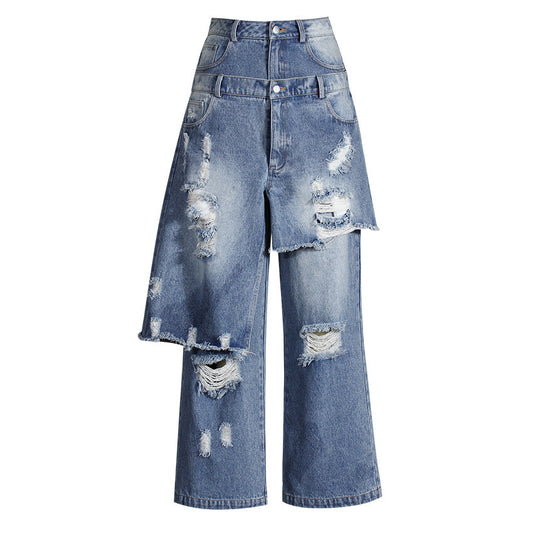 Women's Faux Two-Piece Patchwork Ripped Jeans - Blue, S-L