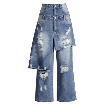 Women's Faux Two-Piece Patchwork Ripped Jeans - Blue, S-L
