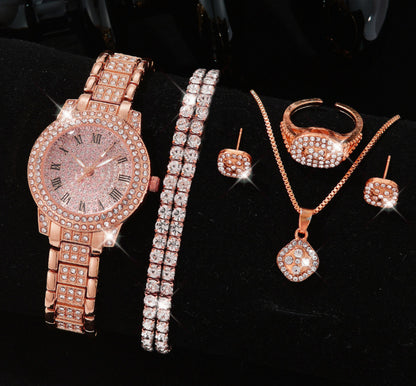 Women's 5-Piece Jewellery & Watch Gift Set – Crystal-Studded