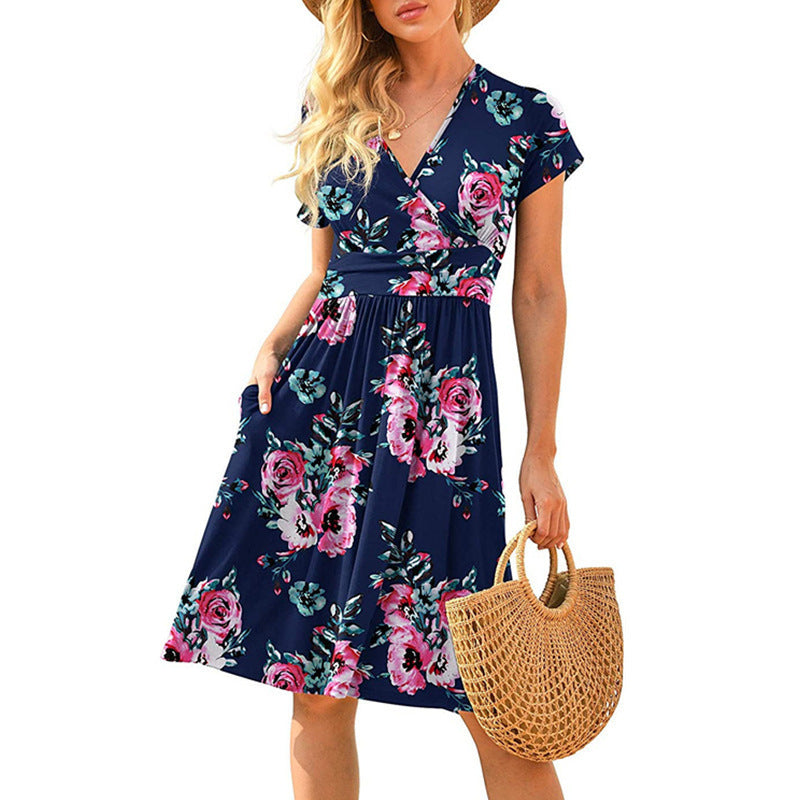 Women's Printed Midi Dress – High Waist, V-Neck & Pocket | S–3XL