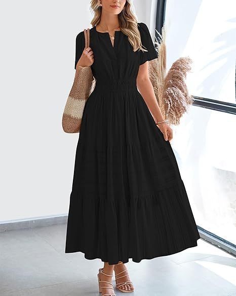 Women's V-Neck Pleated Puff Sleeve Maxi Dress