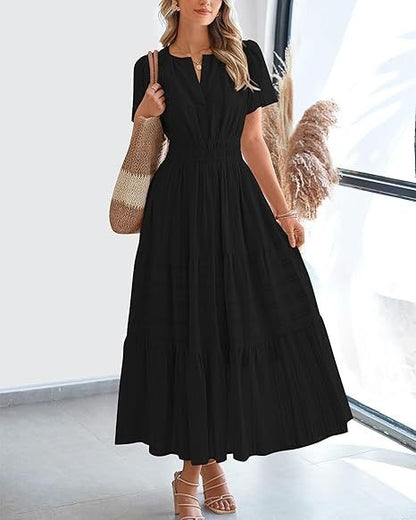 Women's V-Neck Pleated Puff Sleeve Maxi Dress