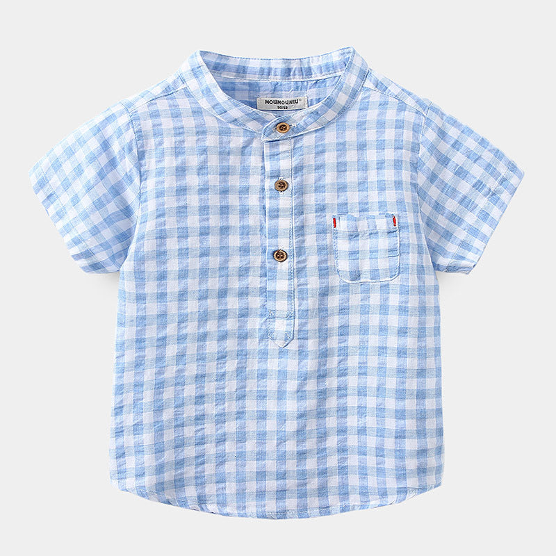 Boys' Cotton Plaid Short Sleeve Shirt | Blue & Grey Check