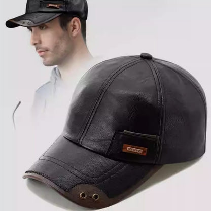 Faux Leather Fleece-Lined Baseball Cap - Warm Winter Cap