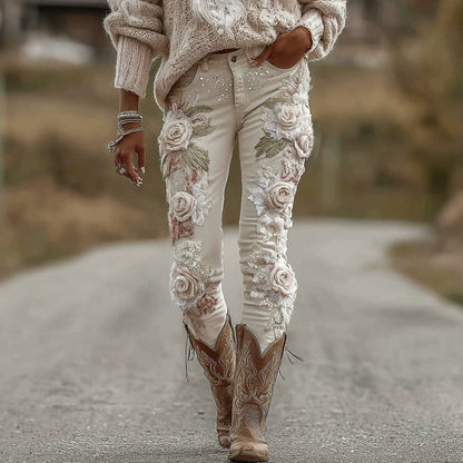 Women's Floral Print Faux Denim Pencil Trousers | Mid-Rise | S-5XL
