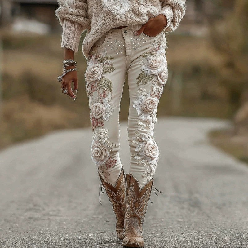 Women's Floral Print Faux Denim Pencil Trousers | Mid-Rise | S-5XL