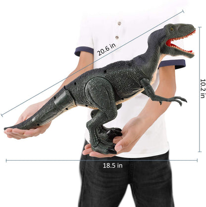 RC Walking Velociraptor Dinosaur Toy - Roaring Sounds Light-Up Eyes Infrared Remote Age 3+
