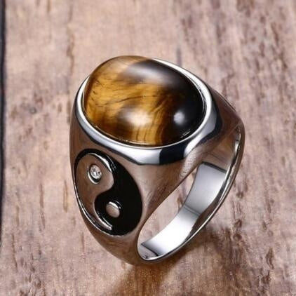 Men's Stainless Steel Tiger Eye & Yin Yang Ring – Vintage Oval Brown Stone Band
