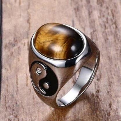 Men's Stainless Steel Tiger Eye & Yin Yang Ring – Vintage Oval Brown Stone Band