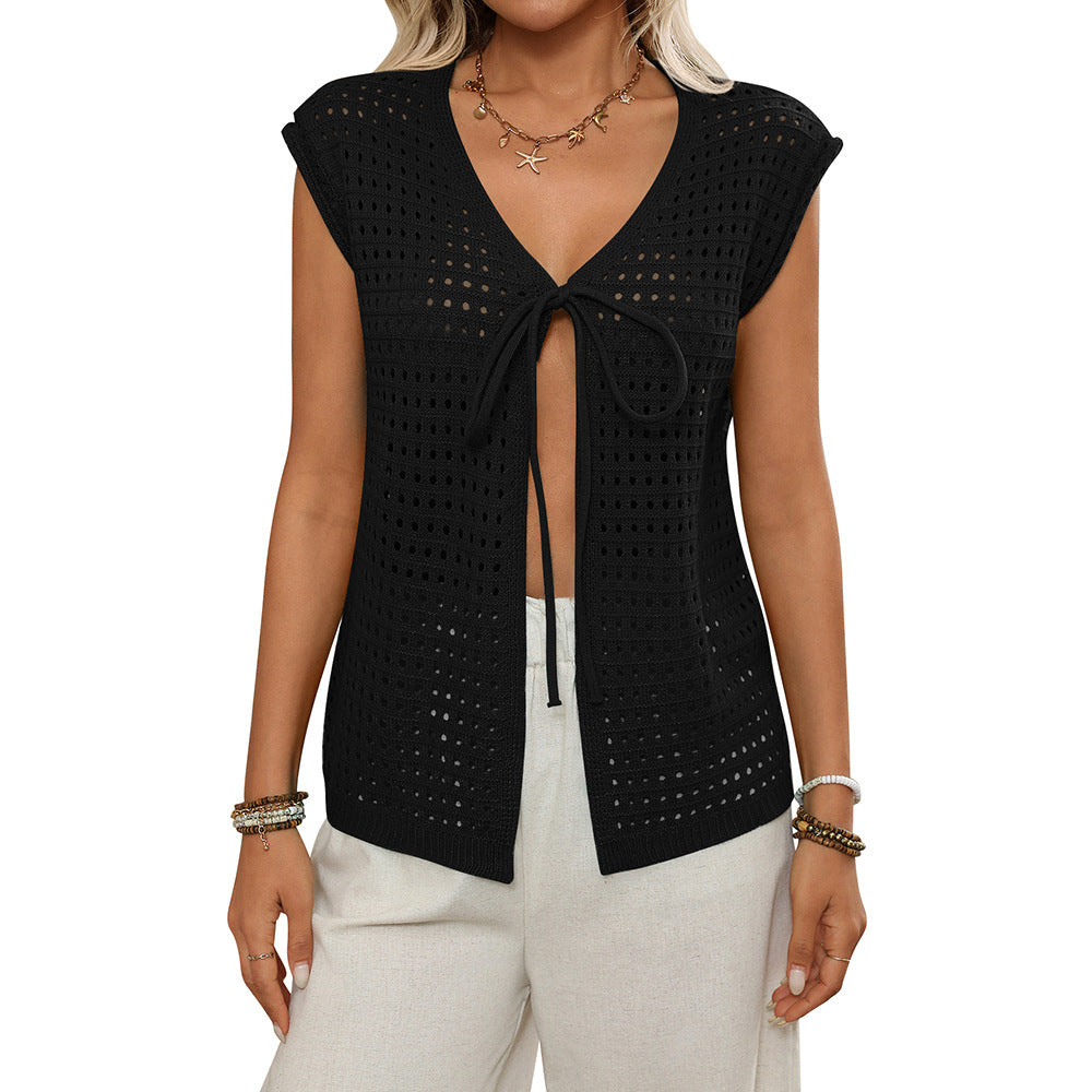 Women's Hollow-Out Short-Sleeve Knitted Cardigan | Lightweight Acrylic Sweater Top