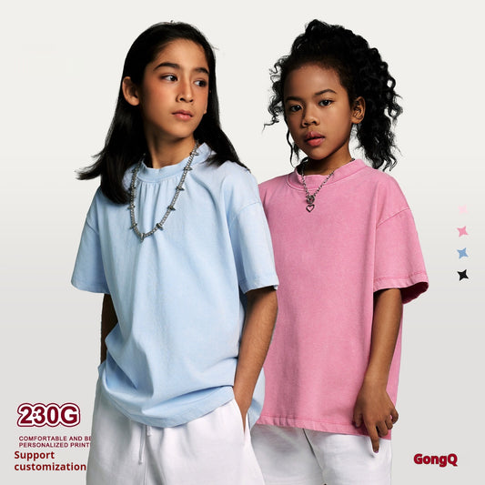 Kids Washed Cotton Solid Colour Short Sleeve T-Shirt – 4 Colours