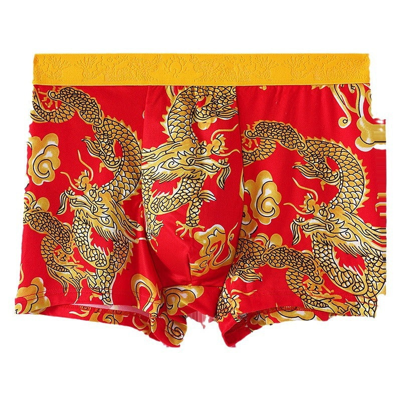 Men's Dragon Print Milk Silk Boxer Briefs – Quick-Dry Mid-Waist 4 Colours