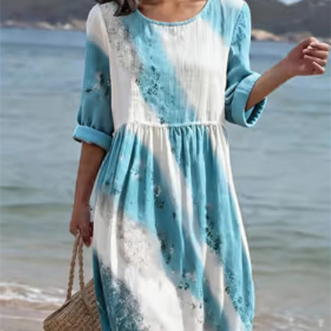 Women's Casual Round Neck Mid Sleeve Printed Dress | Blue
