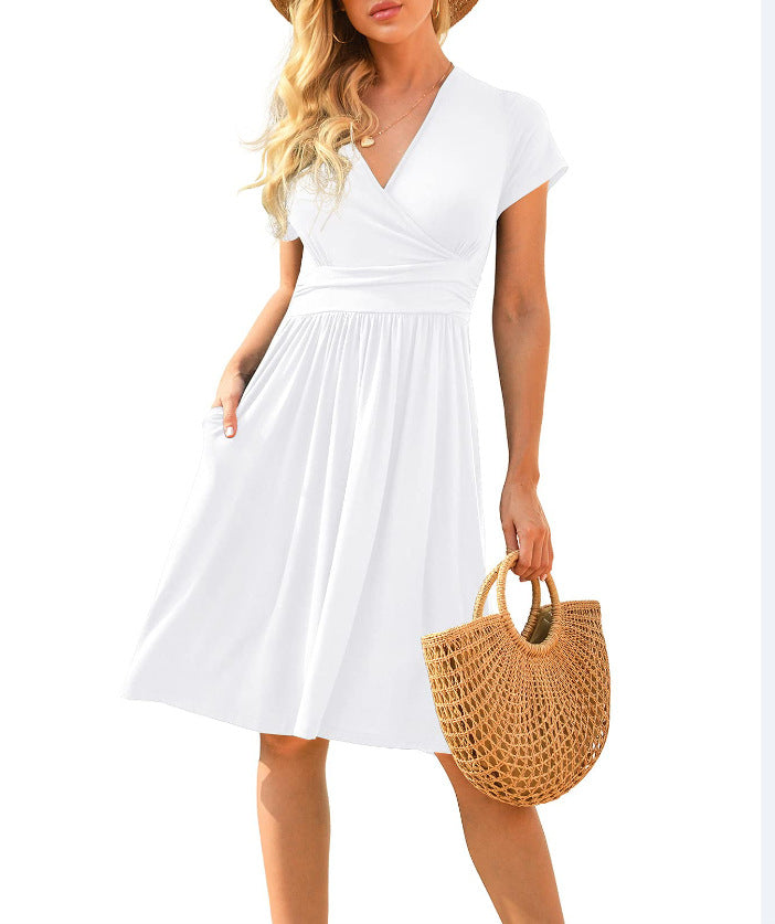 Women's Printed Midi Dress – High Waist, V-Neck & Pocket | S–3XL