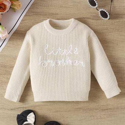 Baby Letter Embroidered Pullover Sweater | White & Brown | Age 0-24 Months