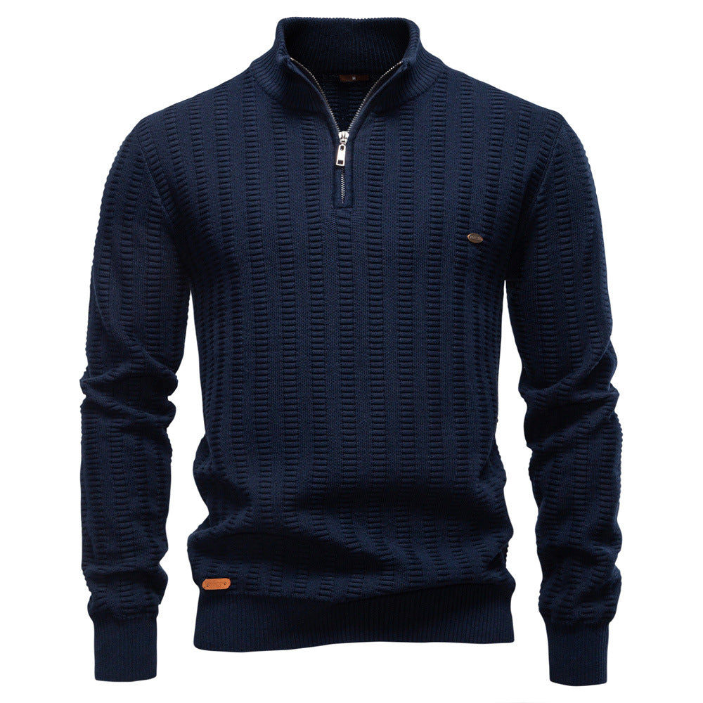 Men's Striped Jacquard Half-Zip Sweater | Stand Collar