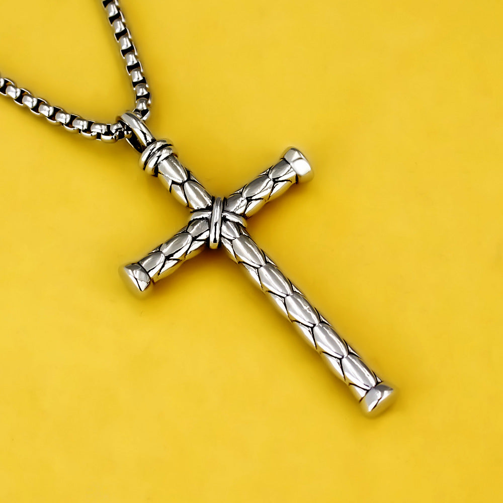 Men's Titanium Steel Cross Sword Pendant Necklace – 60cm Square Pearl Chain