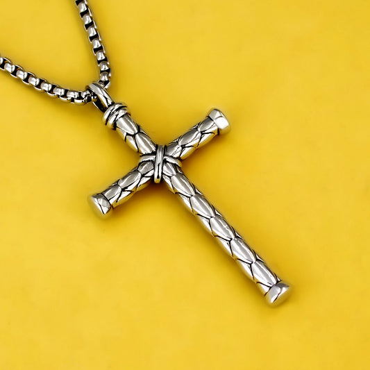 Men's Titanium Steel Cross Sword Pendant Necklace – 60cm Square Pearl Chain