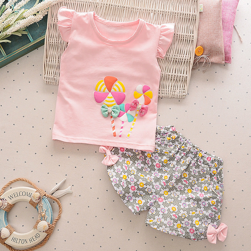 Girls' Cartoon Print Short-Sleeve Top & Shorts Set