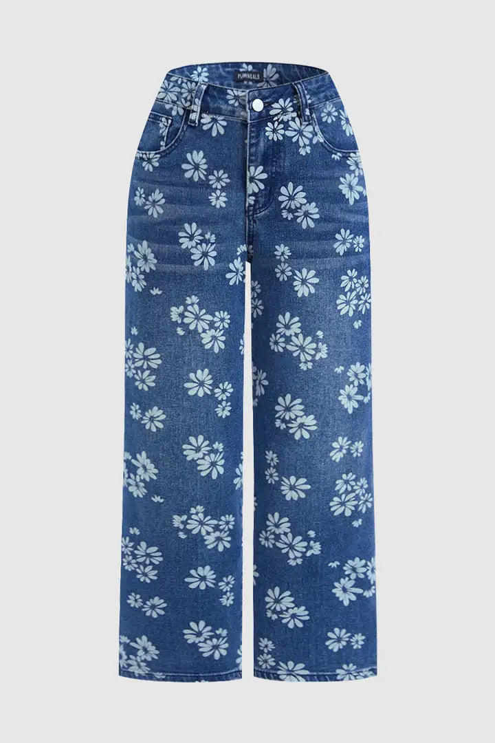 Women's High-Waist Straight-Leg Floral Print Jeans - Light & Dark Blue