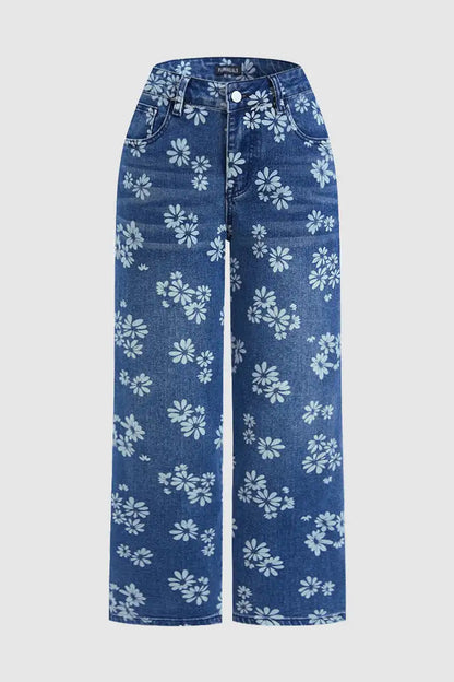 Women's High-Waist Straight-Leg Floral Print Jeans - Light & Dark Blue