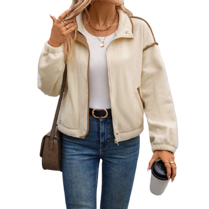 Women's Fleece Contrast-Trim Cardigan Jacket – Apricot