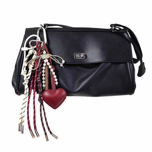 Leather Heart & Pearl Bow Keychain | Wine Red