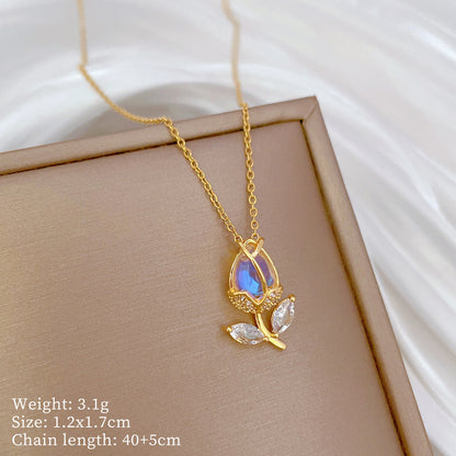 Crystal Tulip Pendant Necklace | Stainless Steel Chain with Copper Micro-Set Pendant