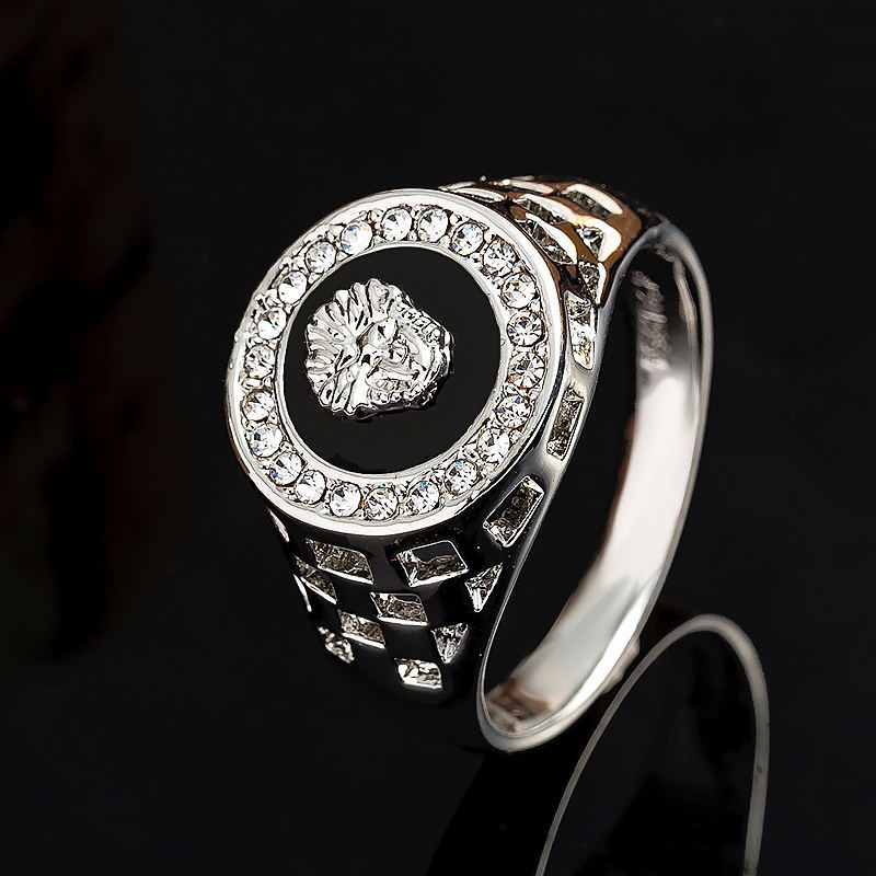 Men's Lion Head Ring – Czech Diamond Inlay 24K Gold & White Gold Enamel Band