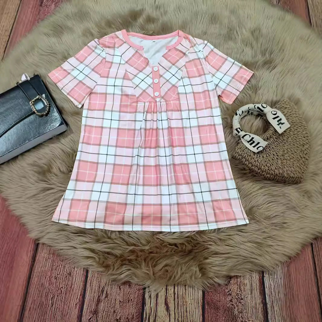 Women's V-Neck Contrast Patchwork Blouse – Pink & Grey | Sizes S–XXL