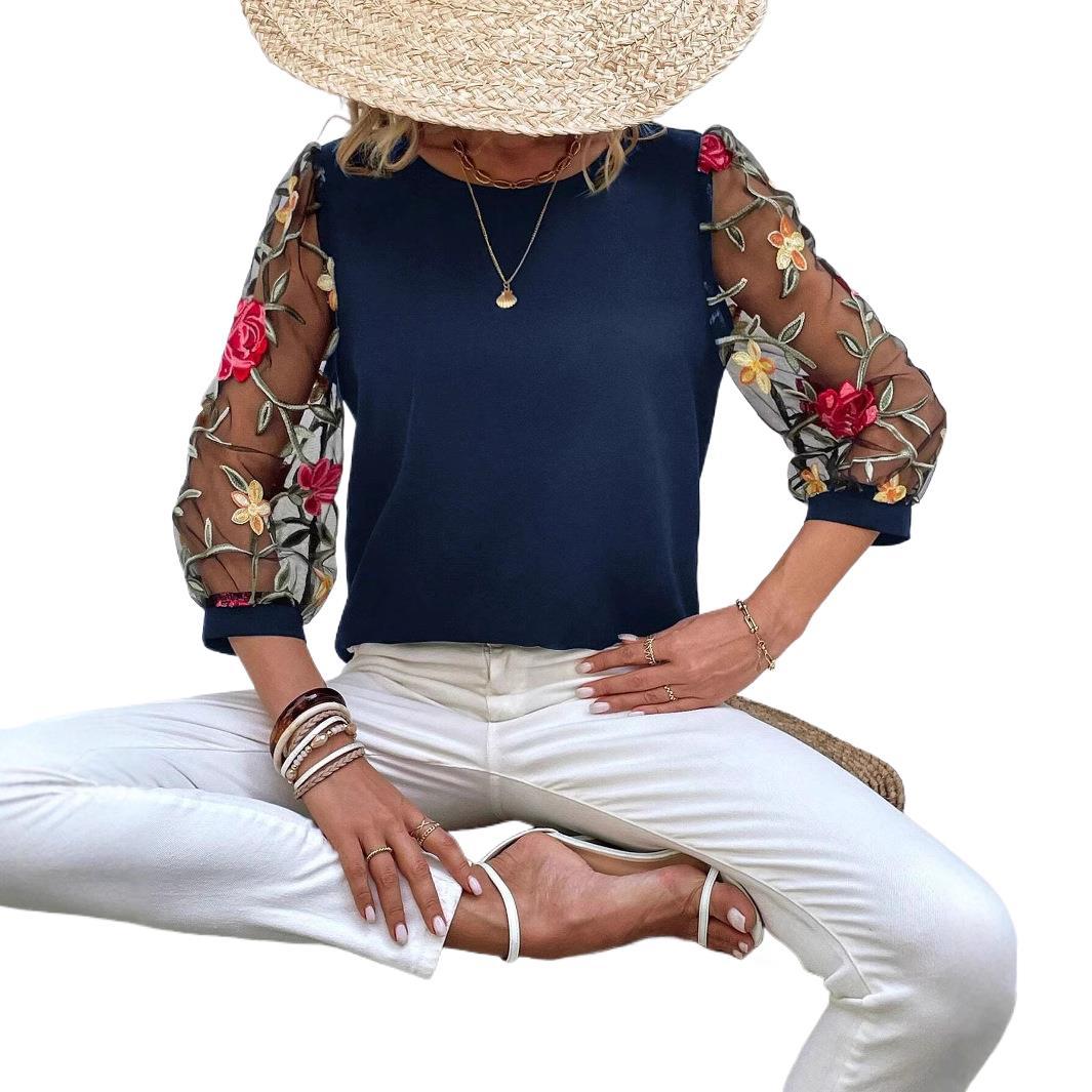 Women's Mesh Patchwork Three-Quarter Sleeve Top | Casual Commuter Polyester Shirt