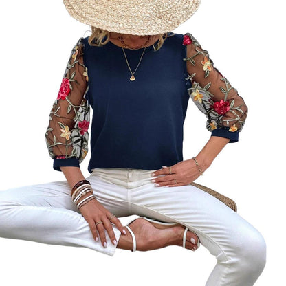 Women's Mesh Patchwork Three-Quarter Sleeve Top | Casual Commuter Polyester Shirt