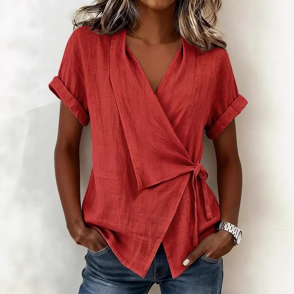 Women's Cotton-Linen Lapel Lace-Up Short-Sleeve Top