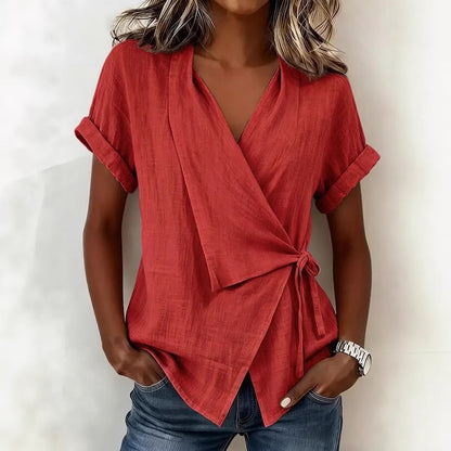 Women's Cotton-Linen Lapel Lace-Up Short-Sleeve Top