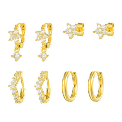 Four-Piece Zircon-Encrusted Flower Earrings For Women