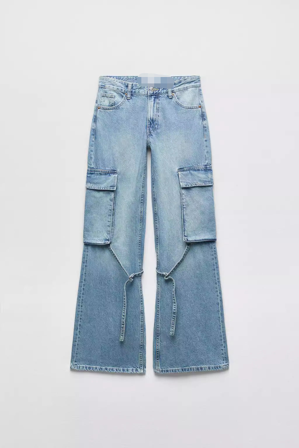 Women's Loose Strap Cargo Jeans – Mid Waist Denim in Light & Dark Blue