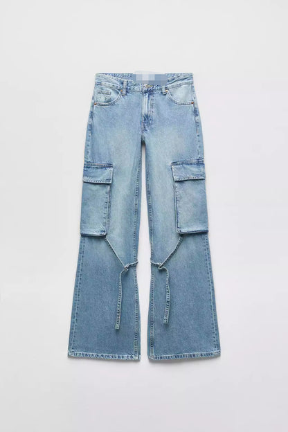 Women's Loose Strap Cargo Jeans – Mid Waist Denim in Light & Dark Blue