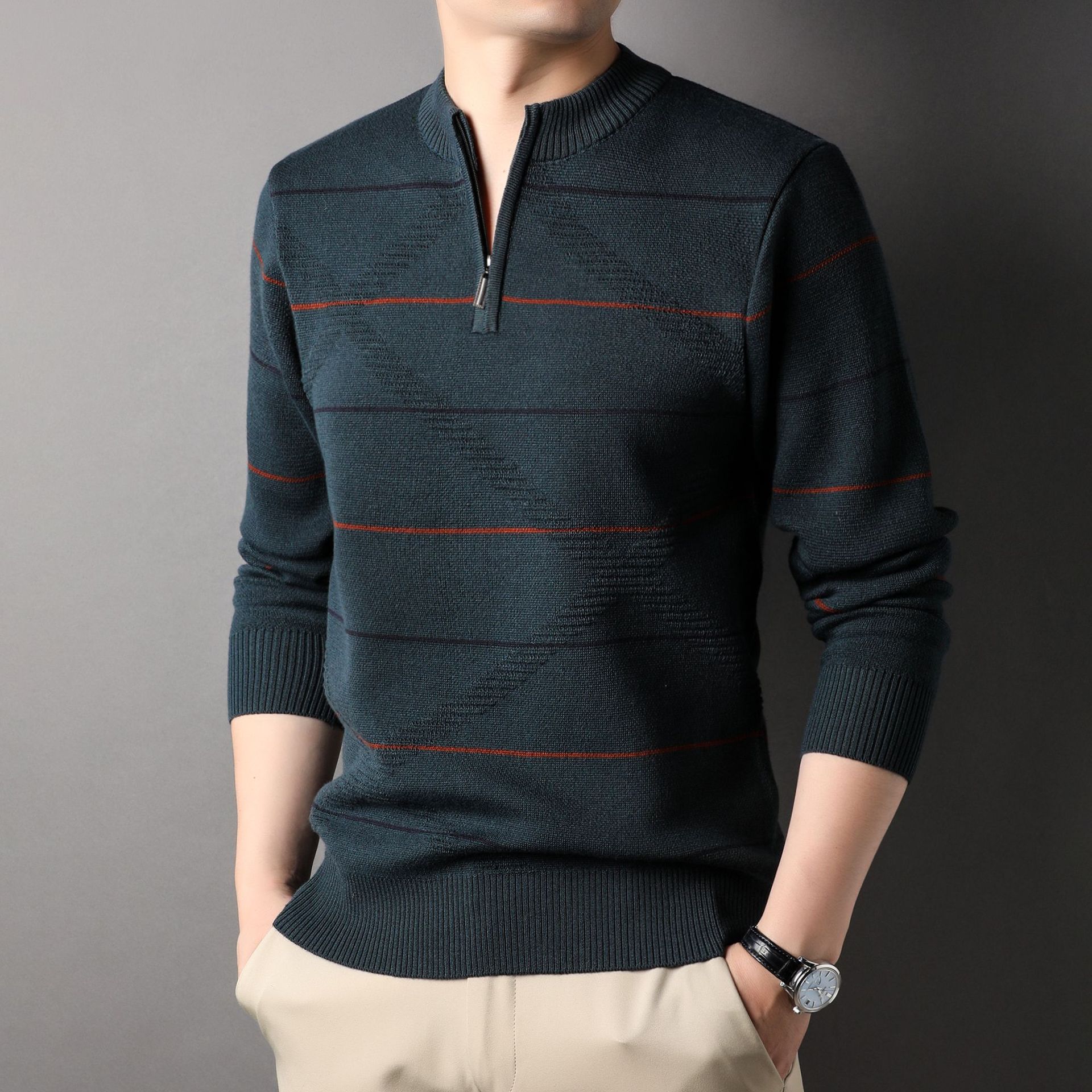 Men's Striped Mock Neck Zip Knit Sweater | Easy Care | JParker