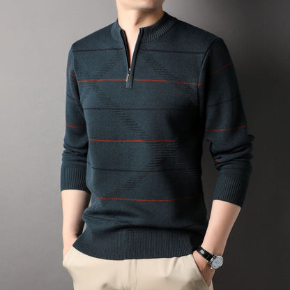 Men's Striped Mock Neck Zip Knit Sweater | Easy Care | JParker