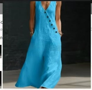 Women's Sleeveless Buttoned A-Line Linen Maxi Dress