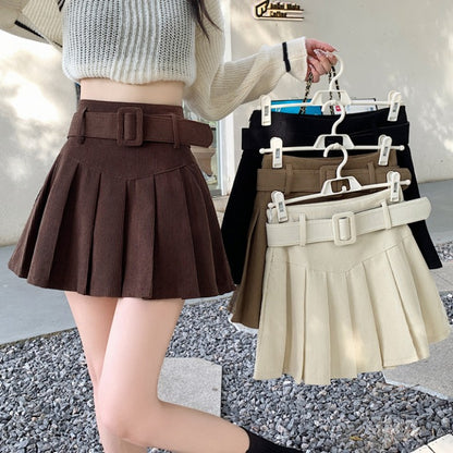 Women's Corduroy A-Line Mini Skirt - Pleated Spliced Autumn Skirt
