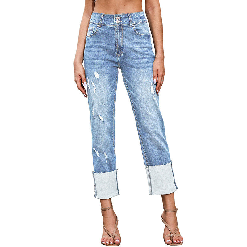 Women's High Waist Ripped Cropped Trousers