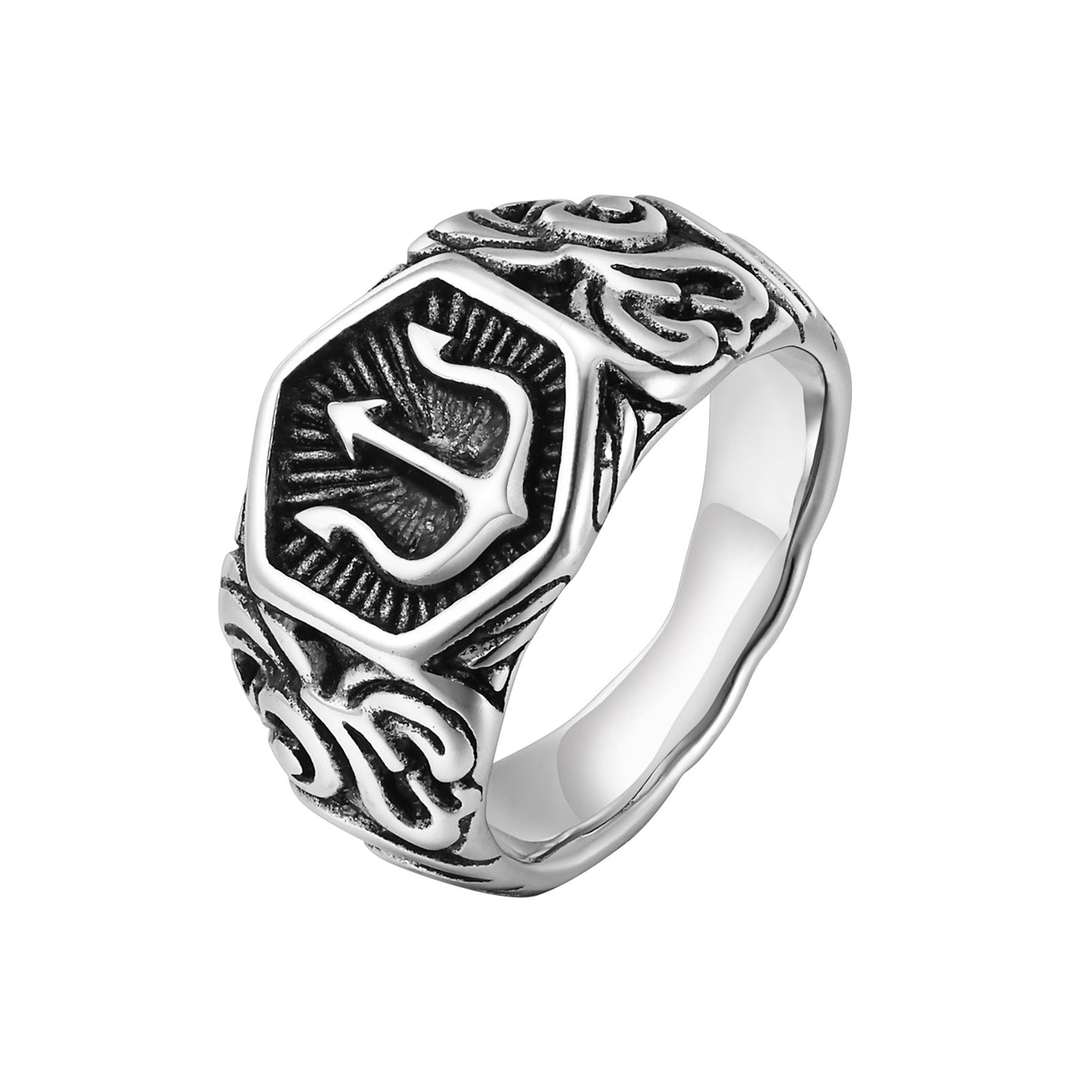 Men's Stainless Steel Trident Ring – Auspicious Cloud Design Steel & Black