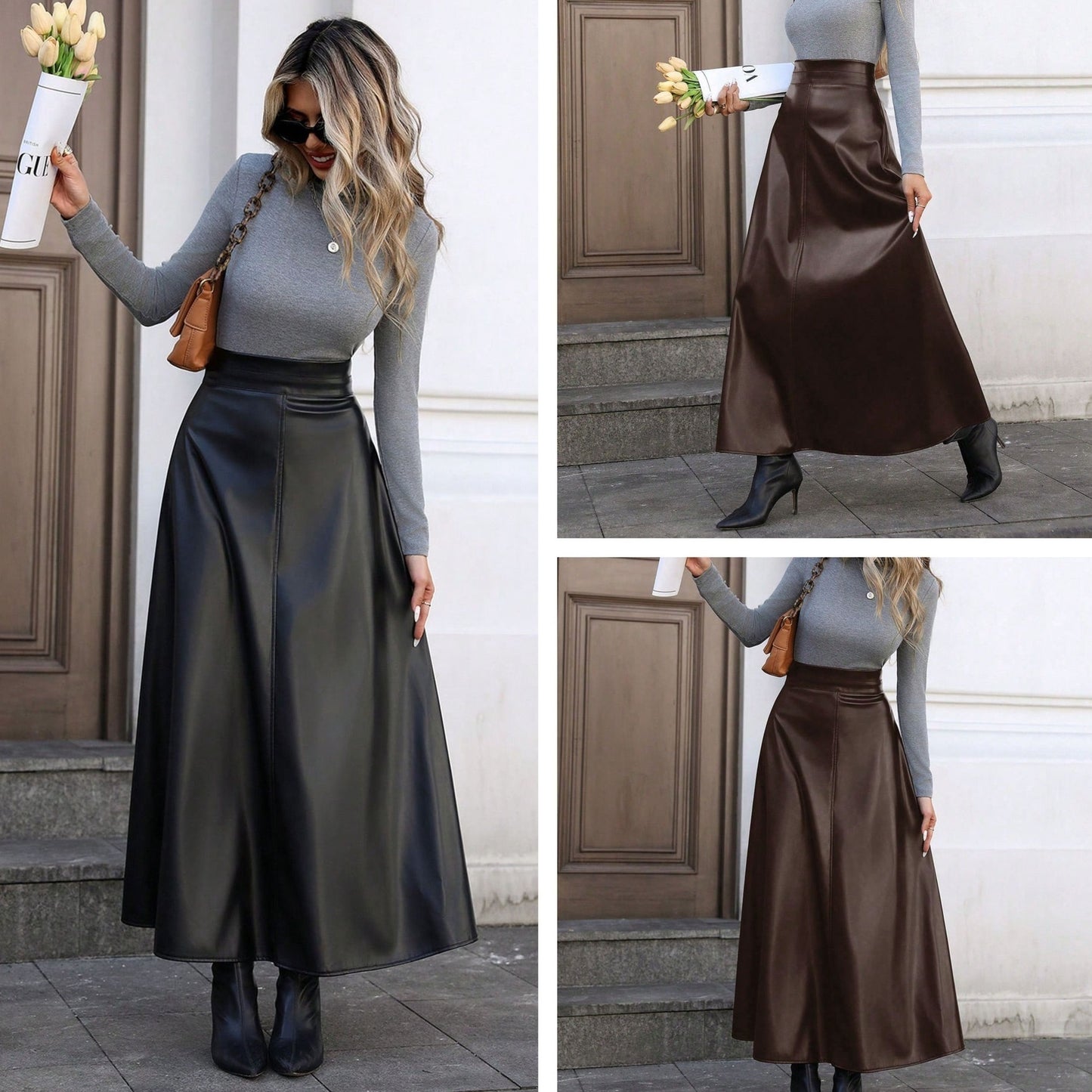 Women's Faux Leather A-Line Flared Midi Skirt